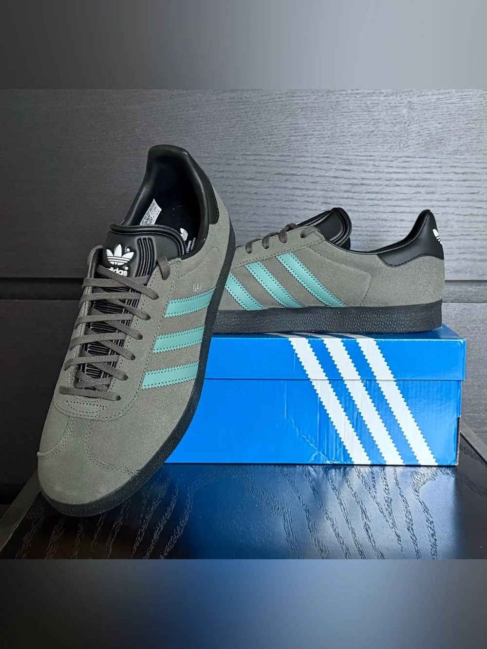 Adidas Gazelle Suede Sneakers in Grey with Mint Accents